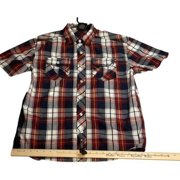 Southpole Mens Red & Navy Plaid Short Sleeve Shirt Button-Down Size M - Picture 7 of 11